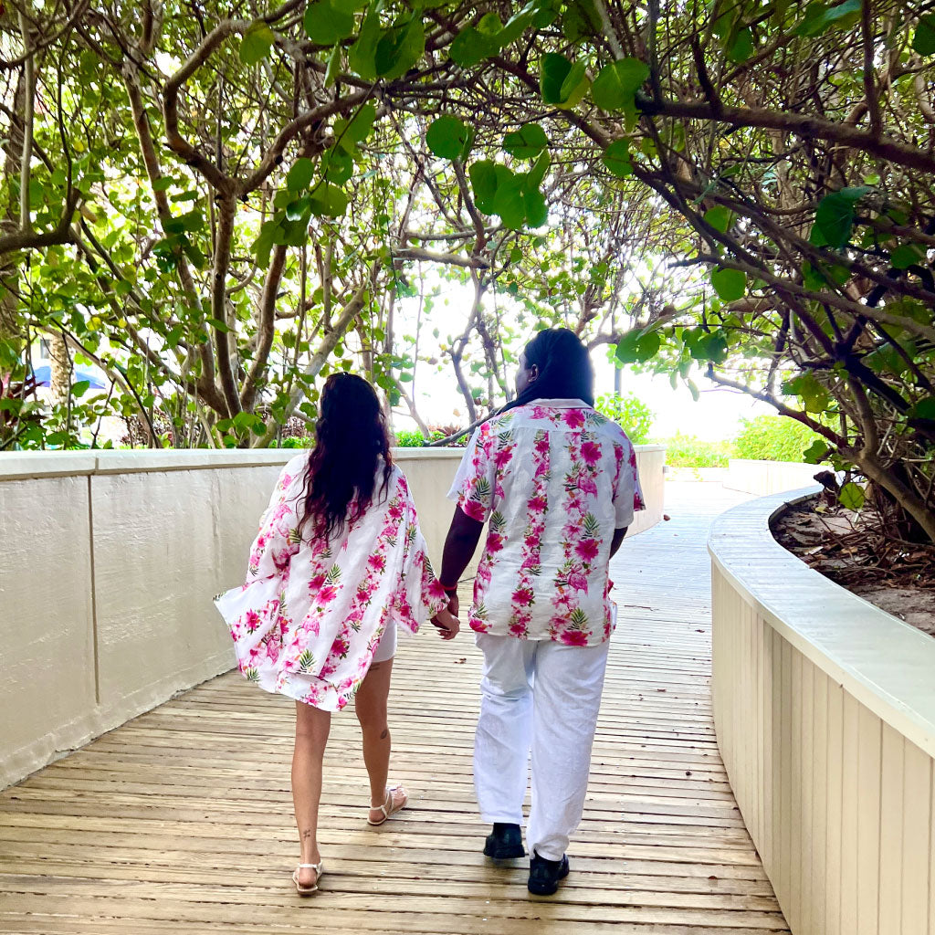 Matchable Couple Hawaiian Luau Shirt or Kimono in Pink Hibiscus Vine