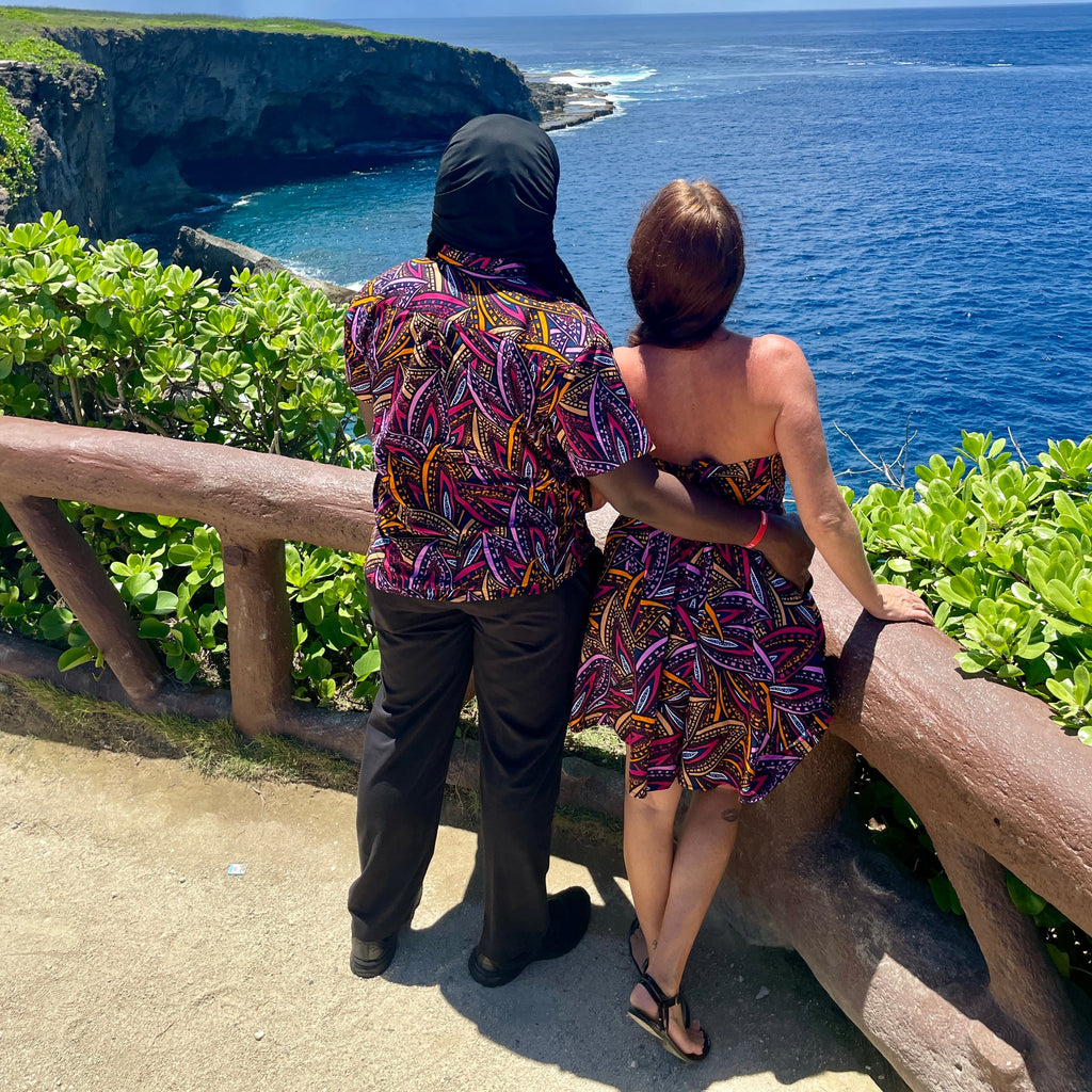 Men's African Print Button-Up Shirt/Debare African Print Shorts (Sunset Leaves) and Women's African Print Corset Dress (Sunset Leaves)